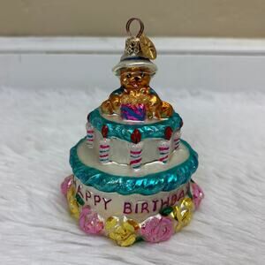 Christopher Radko Birthday Bear Cake Hand-Blown Glass Ornament